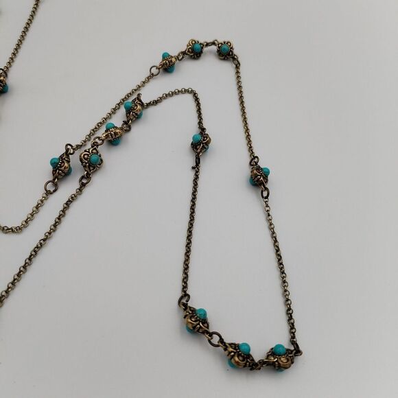 Gold Tone And Teal Turquoise Colored Floral Long Necklace 25 Inches‎ - Picture 7 of 8